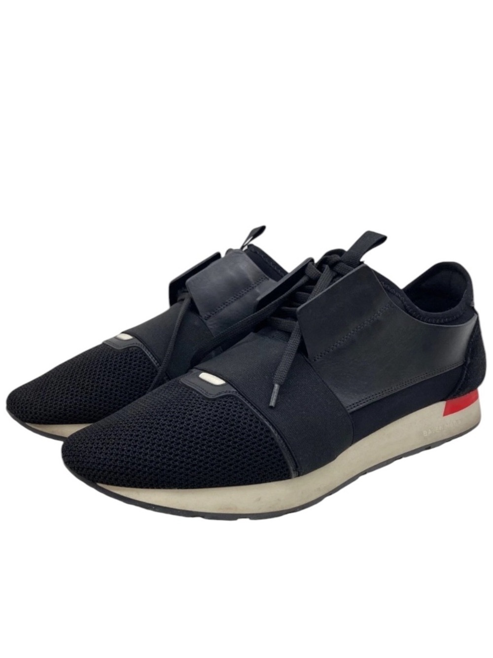 Balenciaga Black Slip-On Mesh & Leather Sneakers with Red Heel Accent size 12